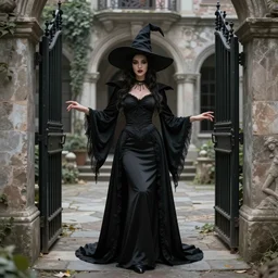 a grotesque courtyard with gates and a beautiful witch queen poses with her evil mechanical beast, detailed 4 k painting, dramatic cold light, style of gerald brom