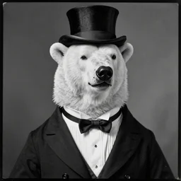 a polar bear dressed with a tuxedo and a top hat, with a smirk and snobby disapproving look. by william adolphe bouguereau. extremely detailed. beautiful. black & white daguerrotype