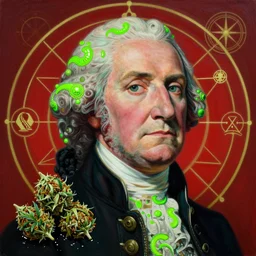 hyper realistic portrait painting of george washington ( intricate detail, hot neon green ornaments, marijuana ) wet, marijuana buds, by saturno butto, boris vallejo, austin osman spare and david kassan, by bussiere. occult art, occult diagram, red and green color scheme.