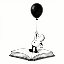 book illustration of a balloon character holding a floating human by a string, book illustration, monochromatic, white background, black and white image
