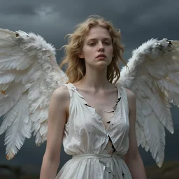 portrait of a broken angel, lost , stormy background, highly details, hyper realistic