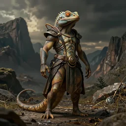 costume design made by lizardman, sophisticated composition, old masters light composition, procedurally generated, drama character posing for concept art, dramatic mountains behind, substance designer, PBR, HD, Ultra detailed, hyperrealistic, megascans, volumetric light, concept by master artist, made in paint tool SAI2, trending 500px face