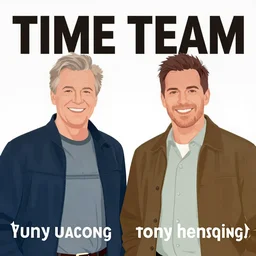promotional poster for time team including phil harding and tony. illustration.