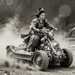 old vintage  photo of  Chinese ancient warrior female  on the complex steam punk hooverboard,  extreme sports photography , dynamic photography, high speed,dirt and grawel flying in the spot,  lens flares, dust in the air, moody lighting, intricate, elegant, highly detailed, centered, smooth, sharp focus,  sports photography, old photo, black and white, sepia, cinematic lighting, cinematic angle,  national geographic