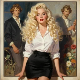 beautiful painting of jerma985 with long pale curly blond hair, very very light fluffy curly blond hair, white secretary shirt and black miniskirt, pinup poster by J.C Leyendecker and Norman Rockwell