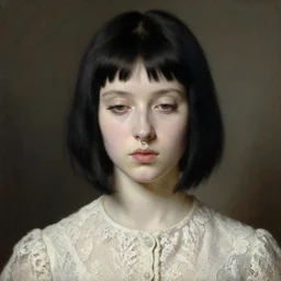 oil portrait of a beautiful pale - skinned girl, in a lace blouse, with black hair and short bangs, the corners of the eyes are turned down, small nose with piercing and a ring is inserted, brown eyes, long eyelashes, plump lips by francisco goya