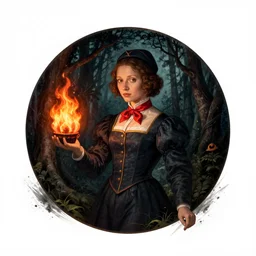 air hostess in a spooky dark forest holding a fire in renaissance painting