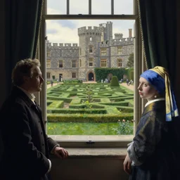 medium shot, cinematic, view from the castle window ob the green grass maze, enhancements, soft lighting, by john ward, by levitan, by arthur walker, by vermeer, by monet, oil on canvas, royal academy, masterpiece, trending on artstation, cinematic composition, dramatic pose, beautiful lighting, sharp, details, hyper - detailed, hd