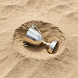 a trophy cup, on its side halfway! buried! in a big pile of dust, 8 k hdr picture, top - down angled view