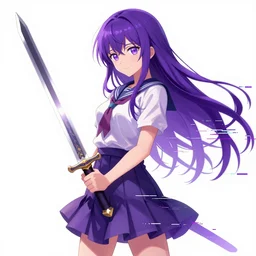 a girl holding a sword, anime, corrupted image file, purple, glitch