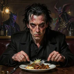 matte painting character illustration of bruised john constantine going to lunch at a dive bar in london, digital painting, illustration, constantine, john singer sargent, magical creatures in the background, amazing values, 8 k, gothic, realistic face details, symmetrical face details, realistically rendered face, photorealistic eyes, moody lighting, octane render