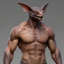 game concept art, muscular body, mesomorph, chiroptera head, chiroptera ears, sharp teeth, hyperrealism, artstation, cgsociety, zbrush, no background
