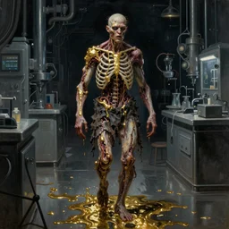 realistic Courbet painting of a dark sci-fi laboratory at night, zombiewalking dressed in rags made of guts and veins dripping golden shiny metalic fluid from ribcage to the floor. liquid shiny pool of gold on the floor.