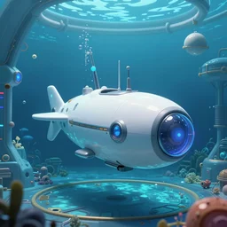 cyber funk, under water ocean exploration station and a pod submarine with robot arms in deep ocean, m. c. ecsher, yoshitaka amano, moebius, mike mignola, bright color