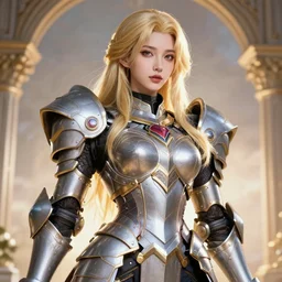 studio portrait of lawful good colorful female holy mecha paladin absurdly beautiful, elegant, tight blonde gravure idol, ultrafine hyperrealistic detailed face illustration by kim jung gi, highly detailed faces, intricate linework, sharp focus, bright colors, matte, octopath traveler, unreal engine 5 highly rendered, global illumination, radiant light, intricate environment