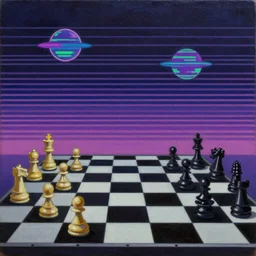 surreal chess, 80s style synthwave, matte colors, oil on canvas