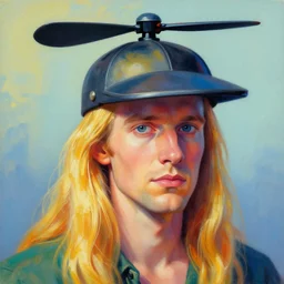 colorful painting of a man with long blonde hair and a propeller hat, matte painting, trending on art station, ultra - detailed, hq