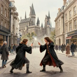 realistic drawing, London, people in the streets, wizards fighting