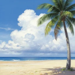 goro fujita ilustration of a beach horizon with clouds and one palm tree, painting by goro fujita, sharp focus, highly detailed, artstation