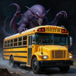 cthulhu driving a school bus. highly detailed science fiction painting by norman rockwell, frank frazetta, and syd mead. rich colors, high contrast, gloomy atmosphere, dark background. trending on artstation