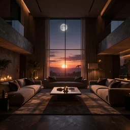 videogame screenshot of a very dark dreamy sunset luxury maximalist living room, moonlight, candlelight, sunset glow, dark shadows, god rays, chiaroscuro, wood concrete marble finishes, octane render, volumetric lighting, raytracing, symmetrical wide shot low angle