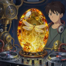 surreal gouache painting, by yoshitaka amano, by ruan jia, by Conrad roset, by good smile company, detailed anime 3d render of big transparent amber stone  with a  magical electric dragonfly inside the amber.  amber stone on the Dj mixer  portrait, cgsociety, artstation, rococo mechanical and Digital  and electronic, dieselpunk atmosphere
