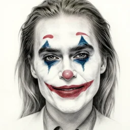 margot robbie portrait with light joker makeup, pencil drawing, realistic face, beautiful eyes, smiling, hyper realistic, highly detailed