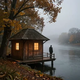 created by h r giger on the bank of the seine river in autumn, there is a warm wooden hut with lights. mist in the distance, faceless man in the mist. it is picturesque, gloomy atmosphere, fantasy, warm and lonely, atmospheric light, trending on artstation, inception