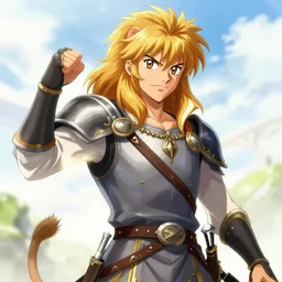 an ultra detailed portrait of king richard the lionhearted as a shonen anime protagonist charing into battle wearing bright gold armor and riding a horse bless by god, 8 k, volumetric lighting, art by kentaro miura and akira toriyama