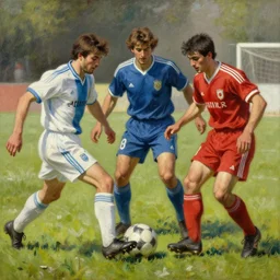 3 attractive male friends bonding time playing soccer. highly detailed painting by gaston bussiere, craig mullins, j. c. leyendecker, 8 k