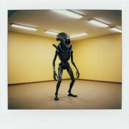 black glossy xenomorph in endless vacant office, pale yellow wallpaper, walls are plastered mono yellow, rectangular florescent lights randomly arranged, drop down ceiling, old tan brown carpet across the floor, cross section walls, polaroid, dramatic lighting, photorealistic, art by h. r. giger and chris foss and beksinski