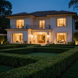 night hdr outdoor real estate photography, cinematic, luxury villa, bokeh, warm lighting, hedges and clean topiary, garden, artstation, sony fe 6 0 0 mm f 4. 0 gm oss