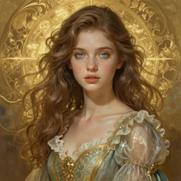 Portrait of dreamy and ethereal girl with light blue eyes, peaceful expression, ornate frilly dress, fantasy, intricate, elegant, beautiful, digital art, beautiful dynamic lighting, golden ratio, highly detailed, digital painting, trending on artstation, concept art, smooth, sharp focus, illustration, photo realistic, art by artgerm and greg rutkowski and alphonse mucha and yoji shinkawa, 4K