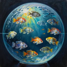 ultra realist soft painting of an underwater fish universe in a storm globe, symmetry accurate features, very intricate details, rainbow lighting, volumetric light water