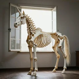 a photograph of a unicorn horse accurate skeleton standing next to an open window, dramatic lighting, cinematic, artstation