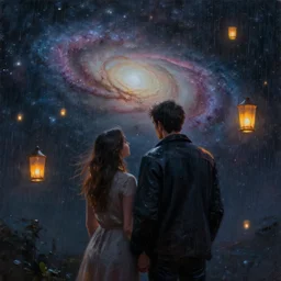 oil painting, artstation, galaxy, couple in the rain, cinematic, 35mm camera shot, dramatic, lanterns floating, photorealistic, digital art, high resolution, trending on artstation,