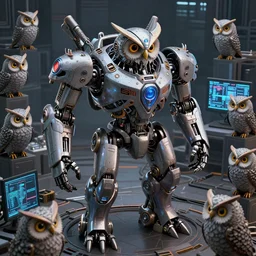 an army of evil, malevolent, robot mechincal owls surrounded by computers and computer screens. this 4 k hd image is trending on artstation, featured on behance, well - rendered, extra crisp, features intricate detail and the style of unreal engine. volumetric lighting