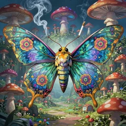 8K centered headshot Portrait of a psychedelic godlike mothman with giant mandala wings smoking a hand-rolled cigarette smoking heavily , magic mushroom village in background , post-processing , award winning. superb resolution. in the art style of Satoshi Kon and Greg Rutkowski . Detailed Mushroom city in background. Hyper realistic anime. Perfect art. Dalle2