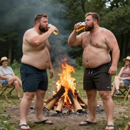 a couple of big burly strongmen drinking beers in front of a campfire and celebrating pride month together, dad energy, shorts, flip flops.