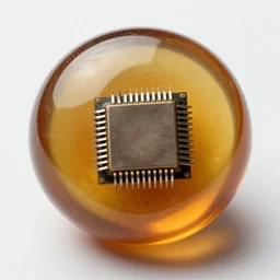 amber with a microchip inside, realistic, detailed, high definition