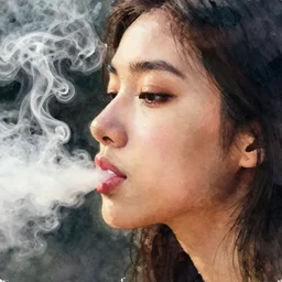 profile view closeup!! of thick smoke coming from the lips of a young filipino woman, closeup, thick swirling smoke, by conrad roset, brush strokes, dramatic lighting, watercolor trending on artstation