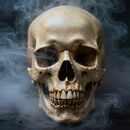 close up photography of a hyperrealistic skull emerging from colorized smoke, smoke everywhere, the camera is slightly higher than the skull, front shot, skull, fog, smoke, mysterious, dark, dramatic lighting, close up, macro, clear, scary, dark art, hyperrealistic, high detail