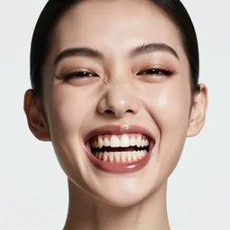 glossy magazine picture advertisement for Maybelline, gorgeous model with terrifying rotten teeth, body horror, celebrity, high quality photograph