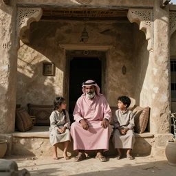 bedouin father with a goat beard and pink clothes sitting with his family sitting in an arabic styled house, by akihiko yoshida, featured on artstation