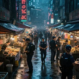 a busy cyberpunk street marketplace with a heavy police presence. night, raining, 8 k, epic cinematic hyperrealism masterpiece. realistic poster with shaded lighting by craig mallismo, artgerm, jeremy lipkin and michael garmash, unreal engine, radiant light, detailed and complex environment, digital art, art station trends, detailed, lens flare, motion blur