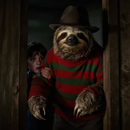 a sloth wearing a red and green striped jumper and fedora lurking in the shadows behind a scared teenager, claws visible, eerie lighting, horror movie film still