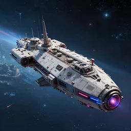 lone industrial!!! spaceship!!, deep space exploration!!!, flying, ridley scott universe, the final frontier, illustrative!!, punk, hyperdetailed, hyperrealistic, utilitarian cargo ship, cinematic lighting, 4k, wide angle, beksinski, trending on artstation, ((neon colors))