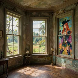 matte sharp painting shabby chic room with windows james gurney, artgerm, lisa frank, artstation behance storybook