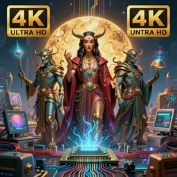 the computer gods ascend, in the style of salvador dali, hyperrealistic, photorealistic, scifi illustration, 4 k, ultra hd, rendered in unreal engine 5, vibrant color, beautiful color, highly detailed, evil, award winning, computers, technology, futuristic, mystical, mechanical, circuits, wires, microprocessors