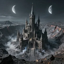 a massive scifi gothic castle in the center of a crater, gases fume from the grey earth as moons shine in the sky
